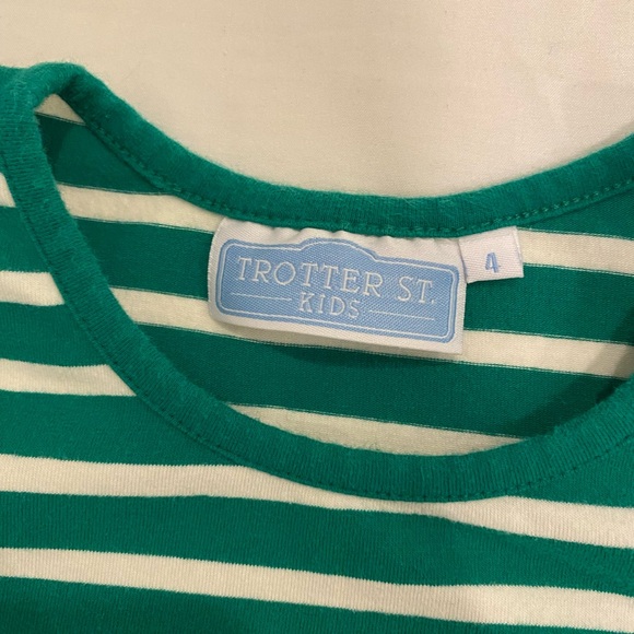 Trotter St. Kids - size 4, long sleeve, green/white stripe dress, ruffle pockets - Picture 3 of 3